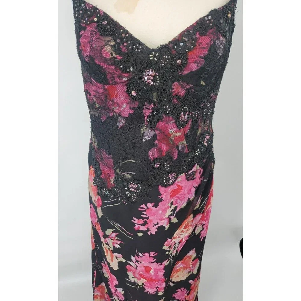 Ricki Freeman Teri Jon Silk Floral Sequin Beaded Halter Maxi Dress Sz 12 - Picture 3 of 16
